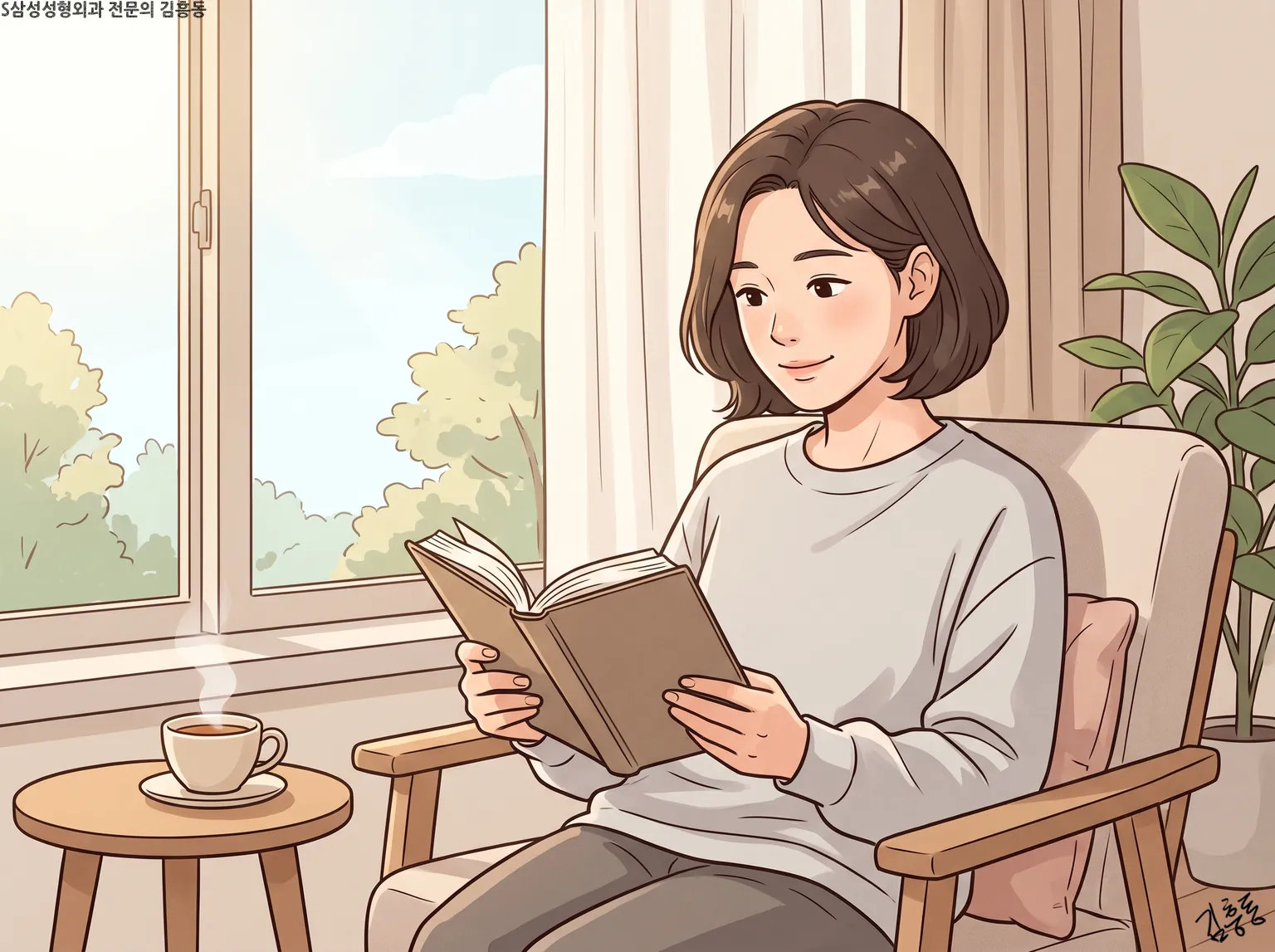 창가 의자에 앉아 커피를 곁에 두고 책을 읽으며 쉬는 단발머리 여성 그림