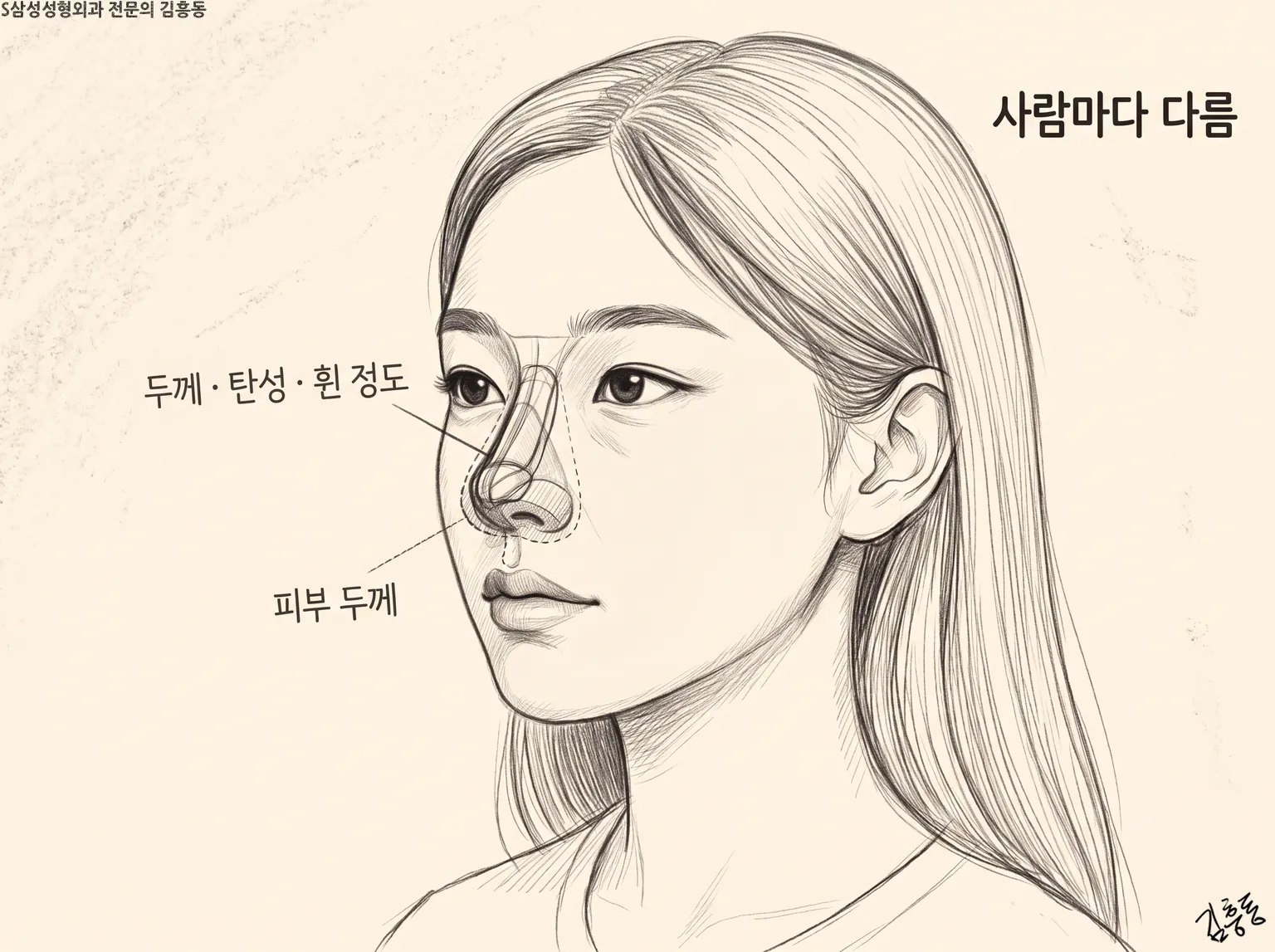 「사람마다 다름」 제목과 두께 · 탄성 · 휜 정도, 피부 두께 글자를 적은 여성 연필 스케치 그림