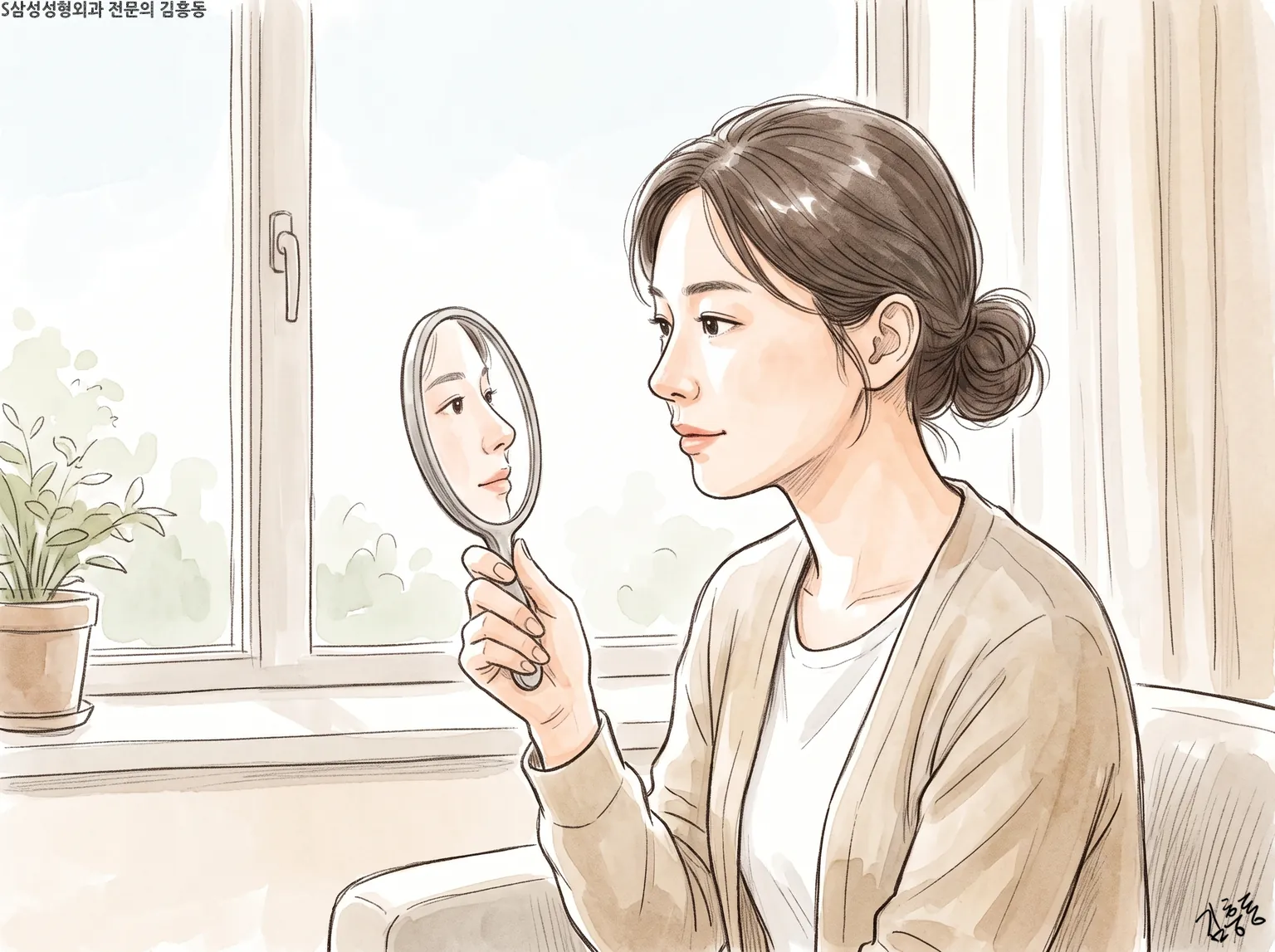 창가 소파에 앉아 손거울로 자신의 얼굴을 차분히 바라보는 여성 그림